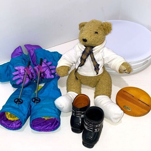 Tender Heart Treasures Vintage Kids Skiing Teddy Bear Toy - Blue and Purple - Picture 9 of 10